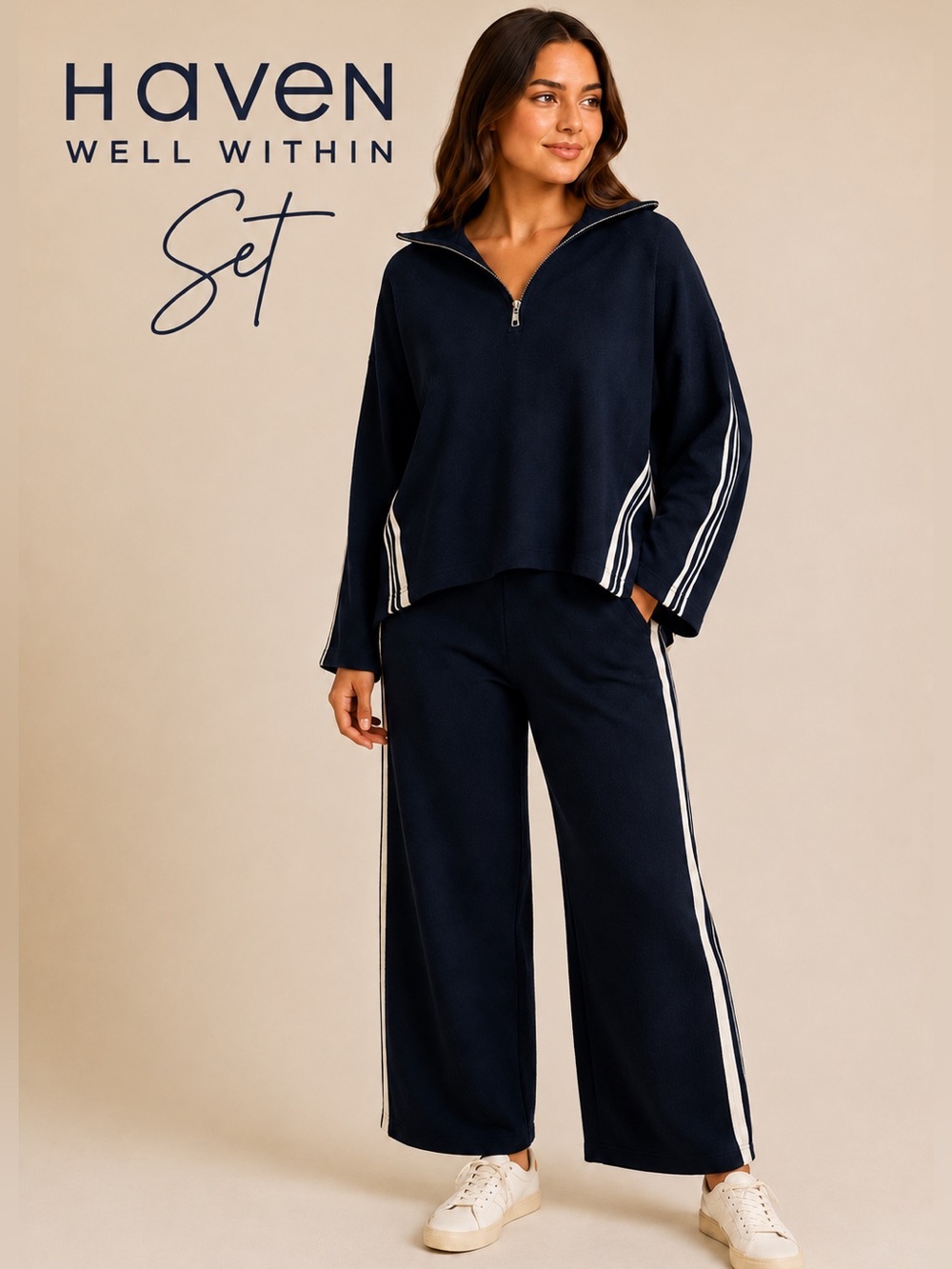 Haven Well Within XL Navy Stripe Knit Sweater Wide Leg Pant Set NWT